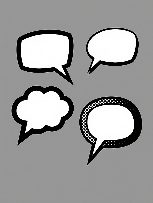 一套4个完全不同造型的漫画风格对话气泡元素集合，保持黑色轮廓线与内部白色填充的经典漫画风格，每个气泡底部带有尖角指示方向，边缘装饰有漫画风格的黑色半色调网点背景，整体采用纯色背景，所有气泡元素规整排布，呈现出清晰、统一且具有漫画视觉冲击力的系列素材设计。