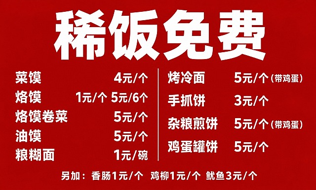 一张横版餐饮价目表海报，红色背景，简洁大气有艺术感，纯文字排版，无二维码，无多余装饰元素。画面顶部居中是超大号主标题"稀饭免费"，白色粗体字，醒目突出。主标题下方是整齐排列的价格条目，分为两列布局，左列和右列各若干项，项目名左对齐，价格右对齐，白色文字清晰可读。价格条目内容如下："菜馍 4元/个"、"烙馍 1元/个 5元/6个"、"烙馍卷菜 5元/个"、"油馍 5元/个"、"粮糊面 1元/碗"、"烤冷面 5元/个（带鸡蛋）"、"手抓饼 3元/个"、"杂粮煎饼 5元/个（带鸡蛋）"、"鸡蛋罐饼 5元/个"。画面底部有一行小字"另加：香肠1元/个 鸡柳1元/个 鱿鱼3元/个"。整体排版精准对齐，文字无错别字，红色背景纯净大气，白色文字对比强烈醒目，版式精美，有设计感和艺术感，四周留有安全边距。画面中所有数字必须精确渲染，不得错位、遗漏或编造。画面中所有信息区域必须填充完整合理的内容，不得出现空白框、空白占位、横线待填写区域、空列表项、空单元格。画面中不要出现二维码。