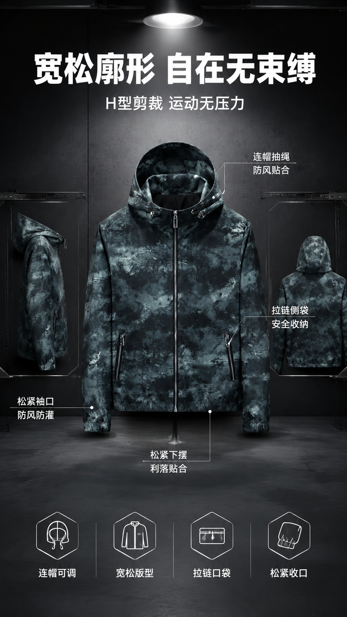 [第3张] 详情页版型解析-水墨扎染连帽夹克多角度廓形展示。本… - 图片创意预览