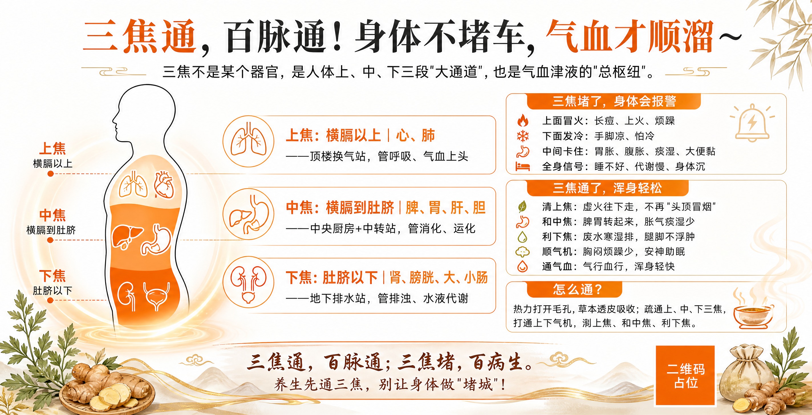 一张横版中医养生科普海报，主题为三焦通养生项目。整体风格为现代… - 图片创意预览