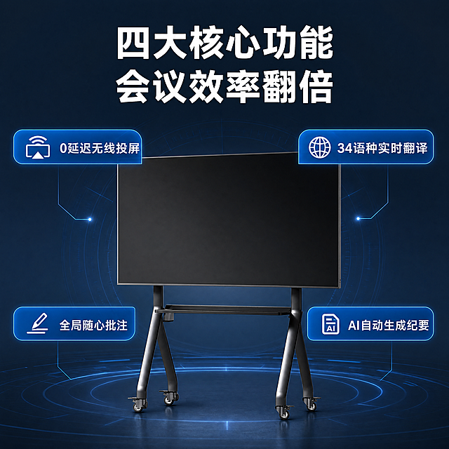 [第2屏] 四大核心功能展示，天电筑源同声传译系统智能会议平板。风格科技商务专业高级，冷调，深灰蓝背景搭配科技蓝功能强调，保留产品原色。硬光柔光结合，整体统一冷调色温。本屏使用【图1】作为商品主体，保持产品外观结构颜色与输入图一致，产品占据画面中心区域。主标题"四大核心功能 会议效率翻倍"，粗锐利无衬线体，画面顶部居中，大号白色文字。四个功能标签分别放置在屏幕四周：左上"0延迟无线投屏"科技蓝圆角徽章白色文字，右上"34语种实时翻译"科技蓝圆角徽章白色文字，左下"全局随心批注"科技蓝圆角徽章白色文字，右下"AI自动生成纪要"科技蓝圆角徽章白色文字。背景为深灰蓝色#2C3E50，科技蓝#0984e3用于标签，文字清晰可读，排版工整不遮挡主体。比例1:1，4K分辨率，中文。负向提示词：产品变形，结构错误，颜色偏差，文字错乱，水印，背景杂乱。