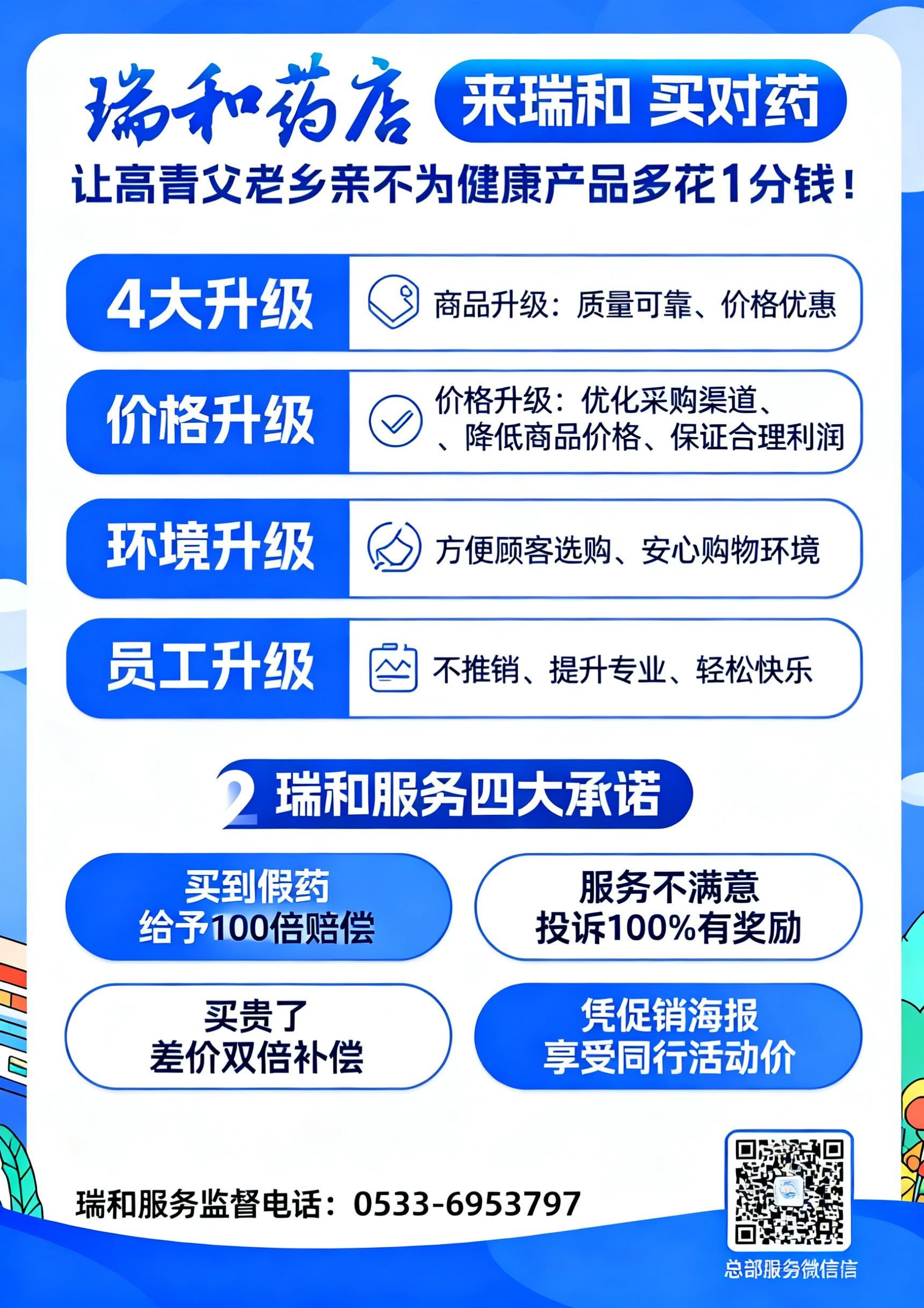 A4竖版药店品牌升级宣传DM单页正面设计，专业简洁药店风格，主… - 图片创意预览
