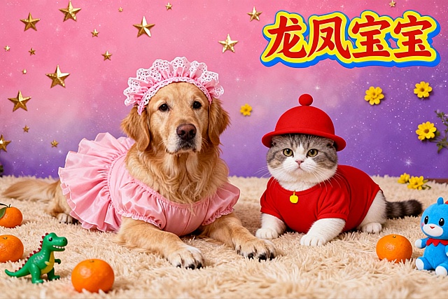 70年代影楼风格写真，微噪点感，两只拟人化装扮的宠物趴在米色毛绒地毯上：左边为宠物参考图1，戴粉色蕾丝褶皱发带，穿同色系蓬松婴儿裙，眼神呆萌；右边为宠物参考图2，戴红色圆顶婴儿帽，穿红色包屁衣（胸口有黄色小装饰），表情懵懂。背景是粉紫渐变柔光底色，点缀金色星星、黄色小花装饰，右上角有红黄蓝渐变的中式“龙凤宝宝”艺术字。地毯上散落着橙色橘子摆件、绿色小恐龙玩具、蓝色卡通玩偶，整体色彩饱和度极高，画风甜腻喜庆，呈现出“土甜可爱”的怀旧喜庆氛围。