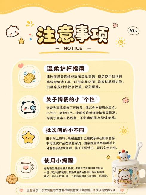 [第8屏] 使用注意事项页，本屏使用原图作为底图进行间距调整。
[氛围/风格] 延续原图萌趣可爱风格，奶黄暖色调，柔和自然光，保持原有真实商品摄影质感不变。
[元素布局] 保持原有所有图片、文字、装饰预览效果