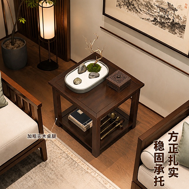 [主图-4] 实木方几斜角空间展示主图
[氛围风格] 新中式禅意风 温馨居家生活氛围；
[画质] 商业摄影质感、光线柔和通透、产品清晰真实、画面干净高级。
[元素] 45度俯视斜角展示实木方几整体外观，展示方正桌面结构与扎实桌腿做工，保留客厅沙发绿植完整背景，上层保持装饰摆件，下层展示储物摆放，整体呈现产品在客厅中的真实摆放效果。保持实木方几外观、物理结构、材质质感、颜色与输入产品图绝对一致，杜绝任何变形和色差，精细化处理。商品主体占比约65%，画面满屏无边框。
[光影] 顶部自然光照，整体光影均匀，突出桌腿稳固结构与整体比例，材质感通透自然。
[配色] 主色调深棕乌金木色，搭配空间原有米白浅卡其配色，绿色点缀，风格统一。
[视角构图] 45度斜俯视视角，呈现完整产品轮廓与空间搭配，景深层次自然。
[文字版式] 右下负空间竖向排列文字主标题“方正扎实 稳固承托”，加粗深棕色；左侧用引线标注方几桌腿，文字标注“加粗实木桌腿”，简洁明了，不遮挡产品主体。
[比例分辨率] 1:1 比例，4k 分辨率；文字清晰锐利，画面超高清。
[负向提示词] 变形，文字错乱，产品图模糊，背景杂乱，水印，电商平台Logo，绝对化违禁词