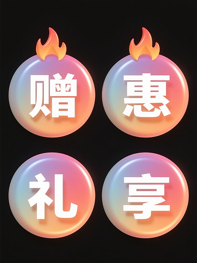 四个规整排布的圆形图标，每个图标都具有光滑的渐变色彩和火焰状顶部，内部包含不同的白色粗体汉字，分别为“赠”、“惠”、“礼”、“享”，整体采用相同的3D立体风格和光影效果，每个图标使用完全不同的纯色背景和渐变色调，保持元素类目和设计感的一致性。