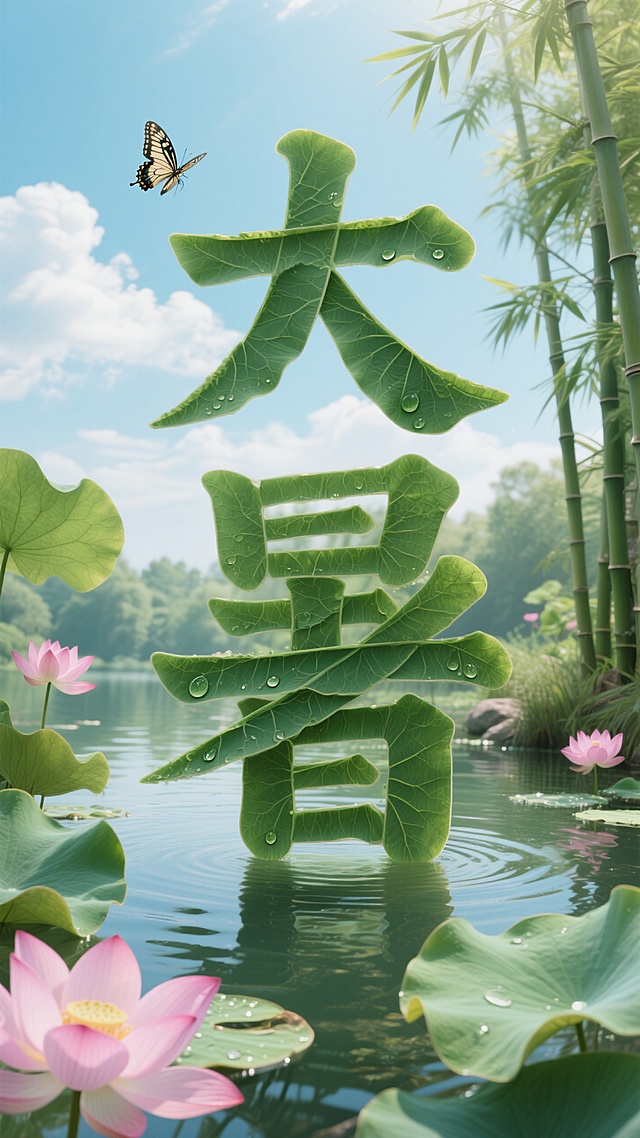 画面视觉中心为荷叶组成的“大暑”大字，宁静的池塘，幽静的竹林，荷叶，荷花，竹叶，蝴蝶，蓝天白云