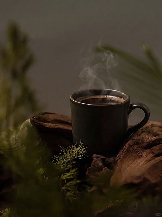 在画面中的枯树干平台位置添加一杯咖啡，保持整体画面风格、光影、色调和原有植物不变，自然融合