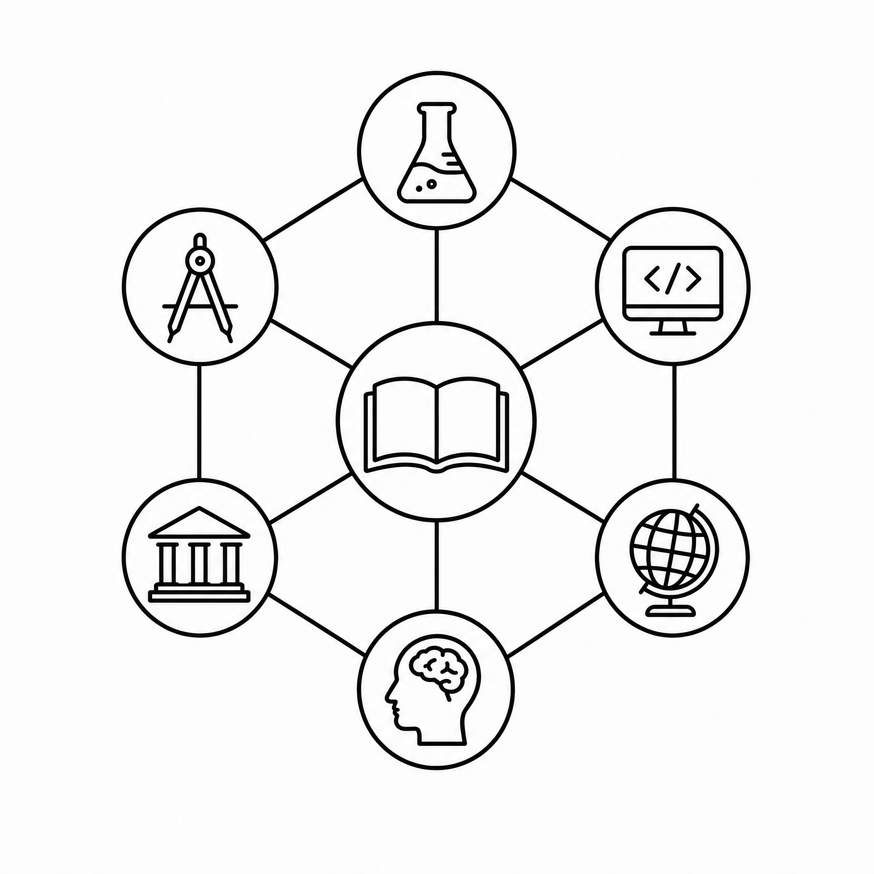 黑白线性极简icon：学科体系，网络节点连接线条图标，干净白色… - 图片创意预览