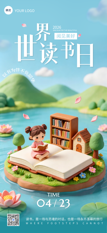 3D风格世界读书日活动竖版海报预览效果