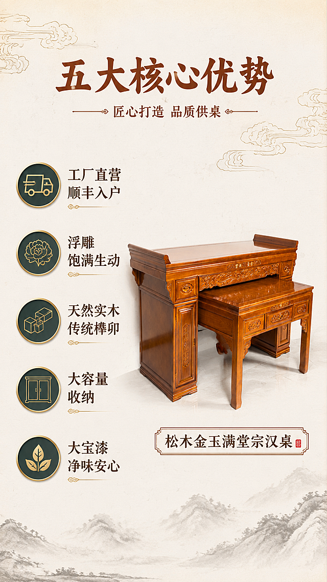 [第2屏] 核心卖点总览-松木金玉满堂宗汉桌五大价值呈现。本屏使用【图2】作为商品主体。
[氛围/风格] 新中式雅致风，沉稳大气，信息层级清晰，商业详情页质感。
[元素布局] 宗汉桌置于画面右侧中部，占比约50%，正面微侧角度展示整体造型；左侧为五大卖点图标区，上下排列；背景为浅米色纹理底，点缀祥云纹样与水墨笔触装饰；产品结构、颜色、雕花与输入图一致。
[光影质感] 均匀柔光照明，突出实木质感与漆面光泽，底部柔和投影，整体明亮通透。
[配色色系] 全局底色 #F8F2E9 浅米黄；主色深棕红；辅助色金色描边、墨绿图标、米白底色。
[视角构图] 正面微侧视，左右分栏构图，阅读动线从左至右、从上至下。
[文字版式] 顶部大标题「五大核心优势」，副标题「匠心打造 品质供桌」；左侧五个圆形图标配文字，依次为「工厂直营 顺丰入户」「浮雕饱满生动」「天然实木 传统榫卯」「大容量收纳」「大宝漆 净味安心」；每个卖点配简约线描图标，文字清晰易读；右侧产品旁标注产品名称「松木金玉满堂宗汉桌」。
[比例分辨率] 9:16 竖版比例，4K分辨率，文字清晰可辨，高清画质。
[负向提示词] 产品变形，结构错误，文字模糊，水印，颜色偏差，卖点图标杂乱，背景过于花哨。