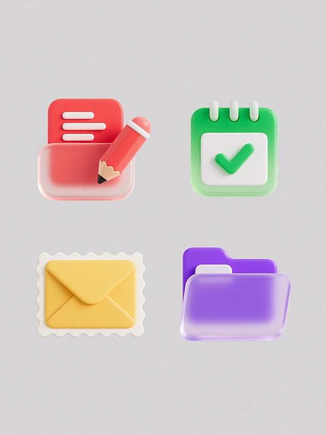 四个呈田字格规整排布的3D立体图标，每个图标均采用高光泽度半透明塑料材质，带有柔和渐变光影和清晰边缘高光，保持相同的圆润卷边造型风格，纯色背景。左上角为红色系文件与铅笔勾选图标，右上角为绿色系日历与对勾图标，左下角为黄色系信封与邮票图标，右下角为紫色系文件夹与文档图标，整体视觉统一且色彩鲜明，信息传达直观高效。