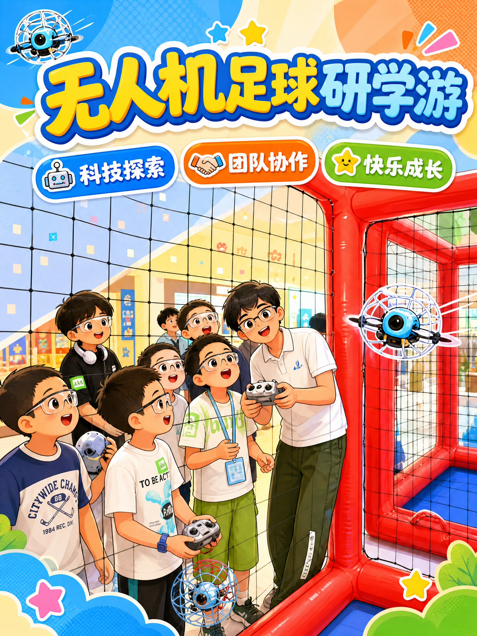 基于这张无人机足球研学实景照片，制作活泼生动的卡通插画风格海报… - 图片创意预览