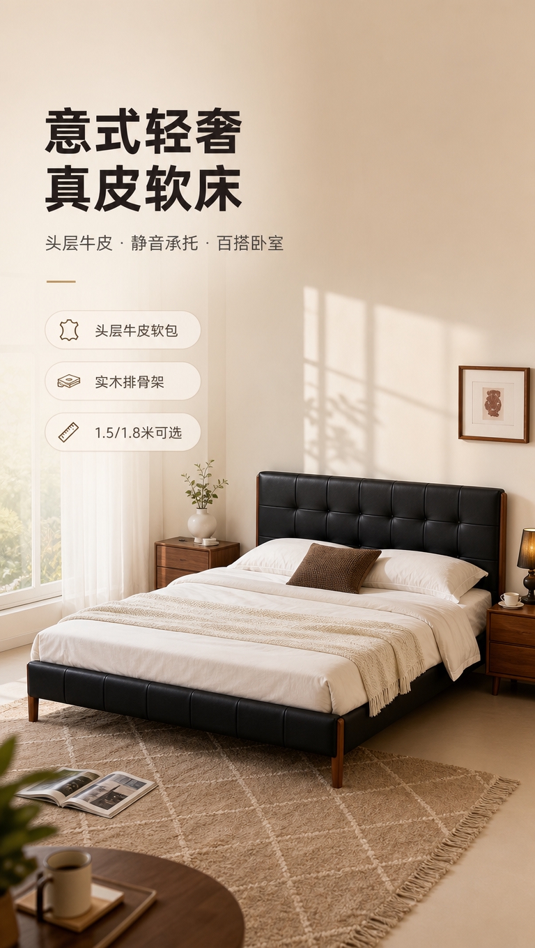 [商品] 使用【图1】黑色真皮软包床；保留床头方形拉点软包、黑… - 图片创意预览