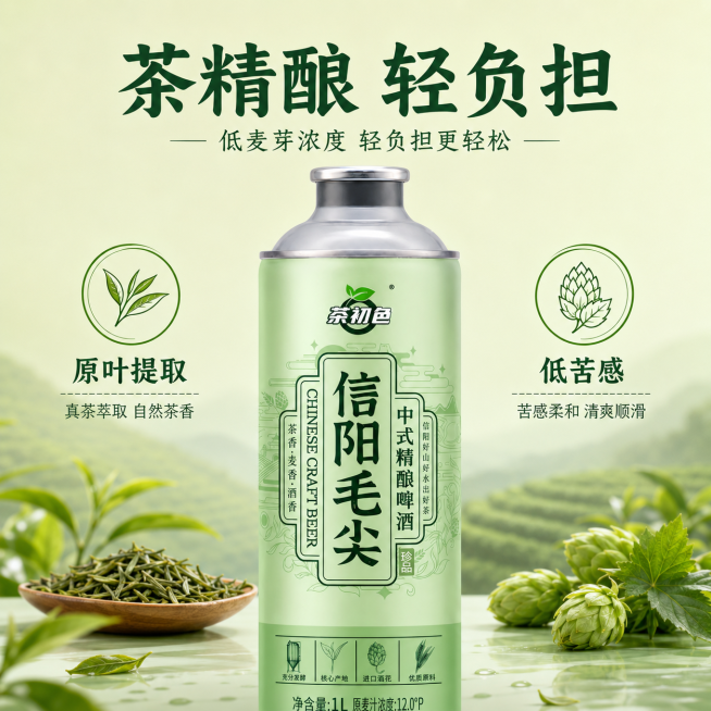 [主图-7] 信阳毛尖精酿啤酒营养特点展示主图。[氛围风格] 干净简约，健康轻饮，突出产品优势。[画质] 商业摄影质感、光线柔和通透、产品清晰真实、画面干净高级，超高清。[元素] 信阳毛尖啤酒罐居中放预览效果