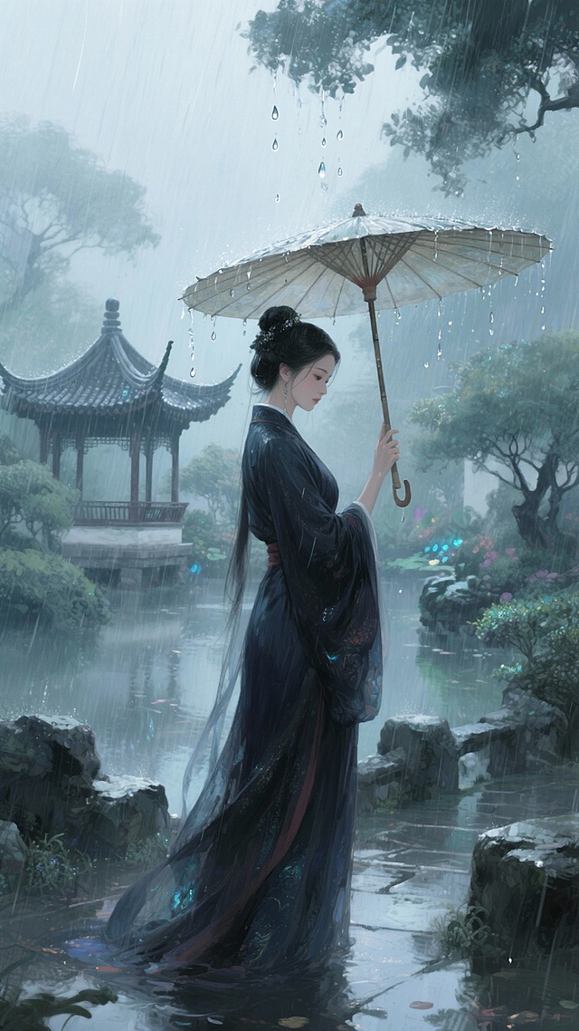 雨天，远处有一座凉亭，一个穿深色汉服的女子撑着油伞，中式园林，清冷氛围，人物中景中国风