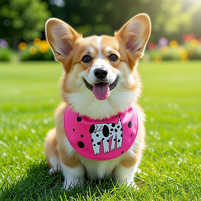 以图中的狗围兜为元素,设计4张跟狗围兜有关的图，比例 「1:1」