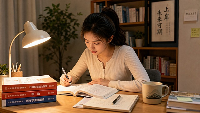 一位25-30岁的女性学生，正在书桌前专注学习考公相关书籍，桌上摆放着公务员考试教材、行测申论参考书、笔记本和笔，温暖的台灯灯光洒在书页上，背景是整洁温馨的书房环境，画面氛围安静专注、充满学习动力，写实风格，光影柔和
