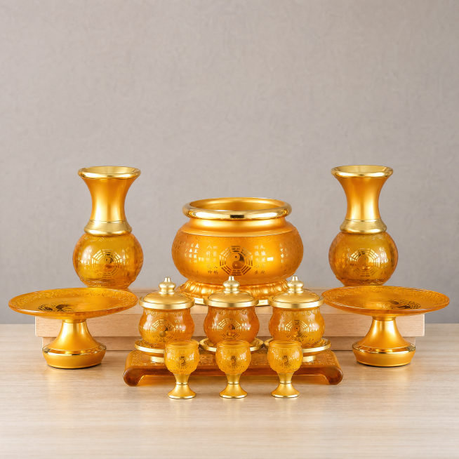 宗教供具套装，严格参照上传产品图https://gdesign-dam-hz.dancf.com/36848000283038728/906829577e91451abedf000c6b639618.预览效果