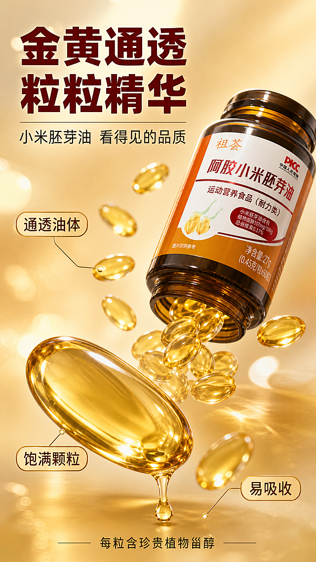 [商品] 使用【图5】祖荟小米胚芽油胶囊瓶；保留瓶身形状、标签文字与颜色、祖荟品牌Logo、PICC标识、胶囊金黄透明外观；产品不变形。
[画面] 质地特写页 质地微距+动作瞬间型。目标：展示胶囊油体通透金黄质感。画面中央一瓶小米胚芽油倾斜 倒出多颗金黄透明胶囊 胶囊悬浮在空中 有动态感。前景有一颗胶囊被放大特写 能清晰看到内部金黄油体的通透光泽 油滴从胶囊旁滑落。背景为浅金色渐变 有柔和光斑 突出胶囊质感。产品瓶身占画面30% 胶囊微距特写占画面40%。
[视觉] 套系策略：风格=拼多多暖金品质风 大字直白 高信息密度；标题字=粗黑体 厚重有力；正文字=清爽黑体；主色=暖金色；背景延展=基于暖金色做浅金渐变 柔和光斑 同色系层次；强调色=深棕红 仅用于主标题；标题色=深棕红；正文色=深灰；组件=圆角金边小标签 引线标注；光影=侧逆光 胶囊通透有高光 油体有折射光泽 瓶身玻璃质感真实。
[文字] 左上角主标题 金黄通透 粒粒精华 主标题下方副标题 小米胚芽油 看得见的品质 胶囊特写旁用引线标注 通透油体 饱满颗粒 易吸收 底部小字 每粒含珍贵植物甾醇 文字全部横排 不遮挡胶囊特写主体。
[规格] 图片比例9:16竖版，2K，避免变形、错字、文字过小、冷蓝背景、产品颜色改变、医疗功效宣称、绝对化用语、"营养"二字。
