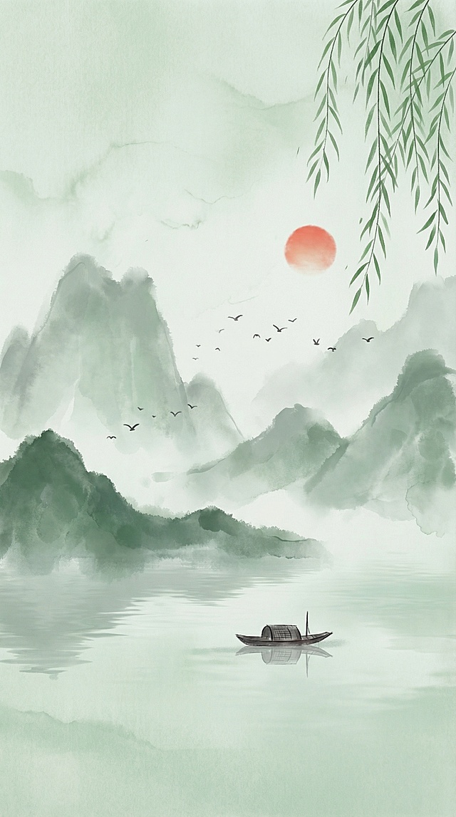参考示例图片生成一张相同风格的背景图，保留所有背景元素和样式，去除所有文字内容。风格为新中式水墨风，浅绿色调，包含水墨山水、柳树、小船、红日、飞鸟元素，保持竖版构图，和原图风格一致，不要任何文字。