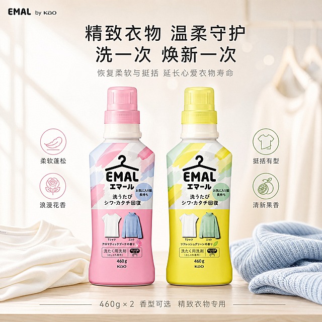 [单张主图] 花王 EMAL 精致衣物洗衣液 双款组合 高级氛围感主图 淘宝天猫 1:1。目标是一张图同时完成点击、理解、信任与转化，突出精致衣物洗护的洁净感、温柔呵护与日系品质感。

[画面主体] 画面中下部并排放置两瓶花王 EMAL 洗衣液，左侧为粉色浪漫花香款，右侧为绿色清新果香款，两瓶略微前后错落，正面朝向观众，瓶身标签、瓶盖颜色、EMAL 衣架 Logo、日文说明文字、460g 净含量、kao 标识均与输入产品图完全一致，不得变形、错字或重绘 Logo。两瓶整体占画面 50%-55%，瓶身完整不裁切，是画面第一视觉主体。

[构图版式] 采用「双主体清爽背书型」高级感版式。顶部居中偏左放置品牌与主标题，中下部双瓶并列错落承托于浅米色台面上，左右两侧用轻量图标与短文案形成信息平衡，底部用一行细字规格信息收口。整体留白充足，文字克制，不抢产品主体。

[场景元素] 背景为柔和的浅奶油白到浅米灰渐变，干净通透，带有轻微的窗棂斜射光与柔雾感。台面为浅木色或浅米色哑光台面，瓶底有自然柔和的接触阴影。瓶身周围点缀少量精致衣物元素：左侧粉色瓶旁搭一小角米白色棉质 T 恤衣角，右侧绿色瓶旁搭一小角淡蓝色针织毛衣袖口，衣物柔软蓬松，仅作氛围道具，不遮挡瓶身主体与标签。背景远处有极淡的衣架轮廓与柔光光斑，强化「精致衣物洗护」的场景联想，但保持虚化，不干扰主体。

[文案版式] 所有文字均为中文，字体选用纤细优雅的无衬线体，字重克制，靠留白与对齐分层级。
- 顶部左上：小号英文「EMAL by kao」作为品牌装饰。
- 顶部居中主标题（两行）：「精致衣物 温柔守护」「洗一次 焕新一次」。主标题字号最大，颜色为深灰黑色。
- 主标题下方一行副文案：「恢复柔软与挺括 延长心爱衣物寿命」，字号约为主标题的 40%，浅灰色。
- 左侧粉色瓶旁 2 个线稿圆形图标 + 短词：「柔软蓬松」「浪漫花香」。
- 右侧绿色瓶旁 2 个线稿圆形图标 + 短词：「挺括有型」「清新果香」。
- 底部居中一行细字：「460g × 2 香型可选 精致衣物专用」。
所有文字放在负空间，绝不遮挡瓶身 EMAL Logo、产品名与主标签区域。

[光影质感] 自然光从左上方 45 度斜射，柔和漫射光，瓶身有自然的高光带与曲面反光，塑料瓶身质感真实通透，标签印刷清晰。瓶底有柔和的接触投影，衣物纤维有细腻绒感。整体画面干净、明亮、通透，浅景深，背景轻微虚化，突出双瓶主体。

[配色字体] 主色为浅奶油白、米灰、浅木色；辅助色从产品提取柔粉与柔绿，仅用于图标点缀与衣物道具；强调色为深灰黑（标题）。字体为细无衬线体，主标题加粗但不厚重，辅助文案更细，整体统一一种字体家族，不混用手写体或衬线体。

[比例分辨率] 1:1 正方形，2048px × 2048px，2k 高清，文字清晰可辨。

[负向提示词] 瓶身变形 标签错字 伪 Logo 文字遮挡主体 背景杂乱 水印 平台 Logo 促销爆炸贴 夸张价格块 廉价 HDR 强描边 过度锐化 悬浮 穿模 手指畸形 人物面部 低清晰度 模糊 重影