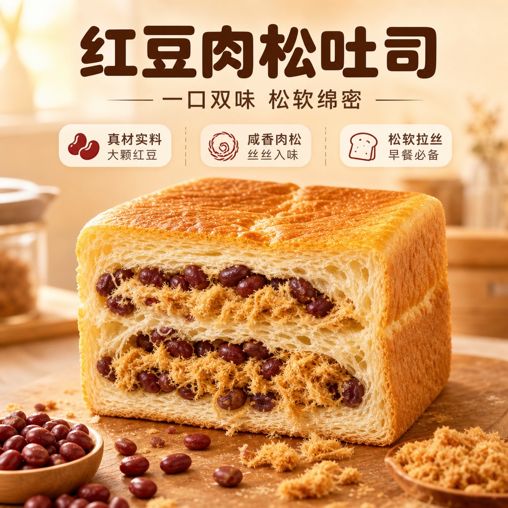 [商品] 红豆肉松吐司面包，方形吐司，表面金黄烤色，内部松软多… - 图片创意预览