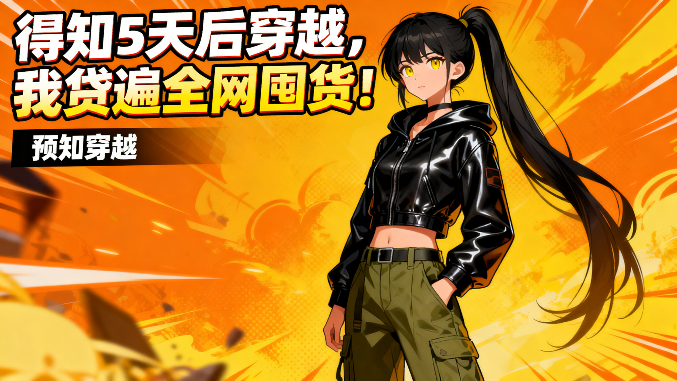 穿越囤货题材网文封面，站C位的是黑高马尾黄眼睛年轻女性，穿黑色… - 图片创意预览