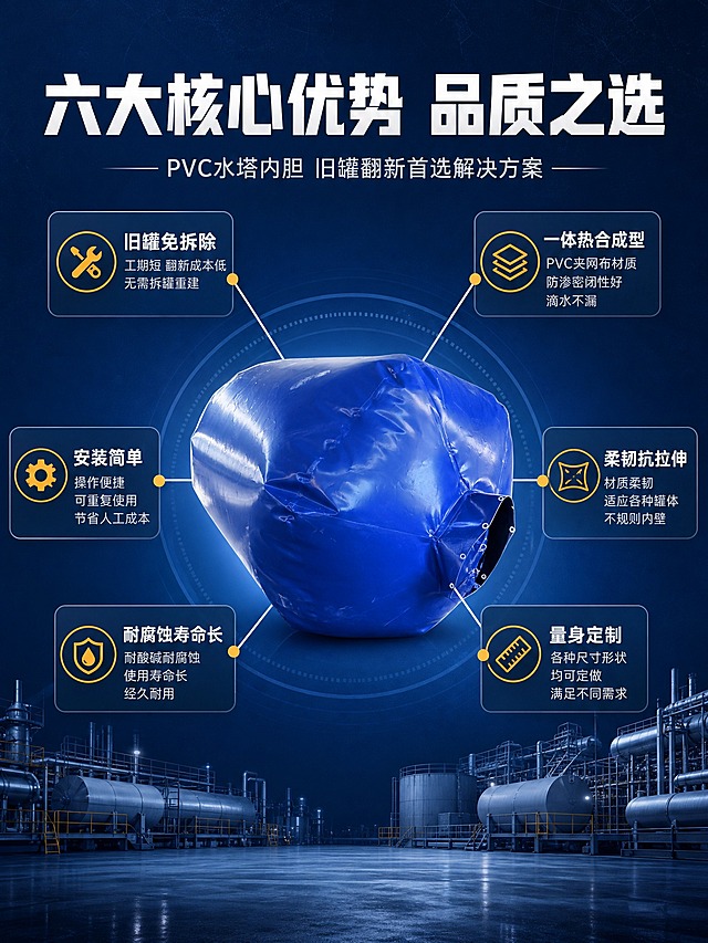 [详情页-第2张 六大核心优势]
[商品] 使用水塔内胆产品图；保留蓝色PVC材质、圆柱形形态、端部焊缝、气嘴扣眼结构，产品外观与输入图一致。
[画面] 页面目标：全面展示六大核心优势，建立产品价值认知。产品居中偏上，占画面约35%，从产品周围向外辐射6条白色引线箭头，连接6个优势卡片，呈放射状对称分布（左上、右上、左中、右中、左下、右下）。顶部大标题区域，底部有装饰性工厂元素。竖版3:4比例。
[视觉] 套系策略：风格=深蓝工业风专业商业摄影；标题字=无衬线超粗黑体；正文字=无衬线常规体；主色=深海蓝；背景延展=基于深海蓝做深浅渐变、同色层级和工业质感纹理；强调色=橙黄色，仅用于图标、引线圆点和标签；标题色=纯白色；正文色=浅灰蓝色；组件=圆角深蓝半透明卡片、白色引线、橙黄色圆点；光影=均匀柔光，产品立体感强。
[文字] 顶部大标题"六大核心优势 品质之选"，副标题"PVC水塔内胆 旧罐翻新首选解决方案"。6个放射优势：
1.左上"旧罐免拆除" 小字"工期短 翻新成本低 无需拆罐重建"
2.右上"一体热合成型" 小字"PVC夹网布材质 防渗密闭性好 滴水不漏"
3.左中"安装简单" 小字"操作便捷 可重复使用 节省人工成本"
4.右中"柔韧抗拉伸" 小字"材质柔韧 适应各种罐体不规则内壁"
5.左下"耐腐蚀寿命长" 小字"耐酸碱耐腐蚀 使用寿命长 经久耐用"
6.右下"量身定制" 小字"各种尺寸形状均可定做 满足不同需求"
每个优势配对应橙黄色图标。文字全部横排。
[规格] 图片比例3:4竖版，2K，避免变形、错字、文字重叠、产品失真。