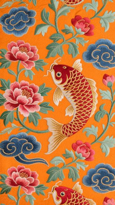 核心图案是优雅的锦鲤与牡丹花 ，周围环绕着细腻的缠枝纹与祥云，色彩以黛蓝、赤金、胭脂红和石绿为主色调，背景是橙色。预览效果