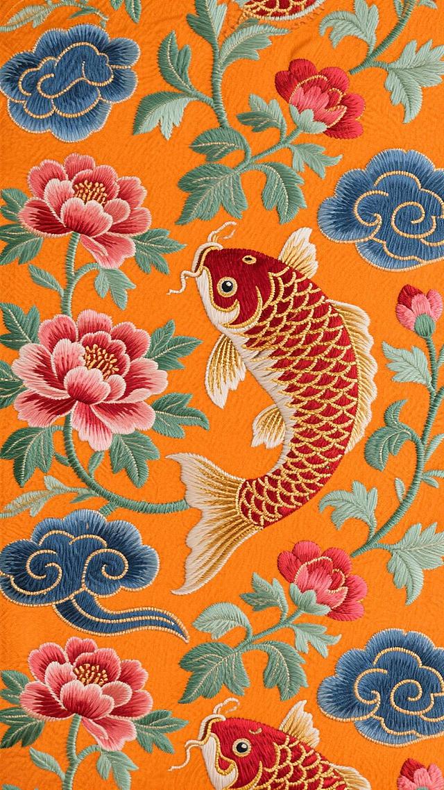 橙底刺绣锦鲤与牡丹，融合工笔细腻与浮雕质感，国潮风韵十足，喜庆祥瑞，尽显中式复古美学。