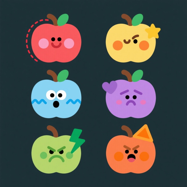 六个不同造型的卡通苹果表情图标集合，每个苹果都有圆形身体、棕色短柄和绿色叶子，保持扁平化设计风格和纯色背景，第一个是微笑红脸苹果带粉色腮红和红色虚线圆圈装饰，第二个是眨眼黄脸苹果带橙色腮红和黄色星形装饰，第三个是惊讶蓝脸苹果带浅蓝色腮红和蓝色波浪线装饰，第四个是害羞紫脸苹果带紫色腮红和紫色心形装饰，第五个是生气绿脸苹果带绿色腮红和绿色闪电装饰，第六个是调皮橙脸苹果带橙色腮红和橙色三角形装饰，所……预览效果