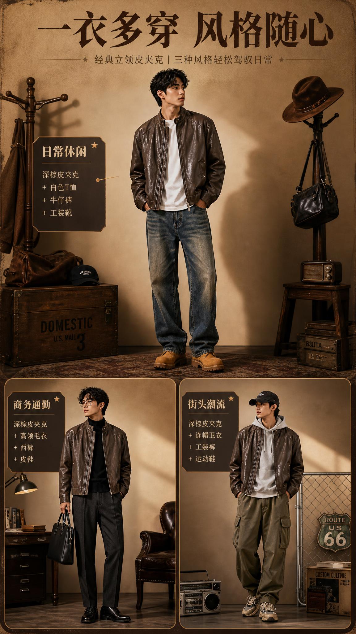 [商品] 使用【图1】深棕色立领PU皮夹克；商品处理：保留立领… - 图片创意预览