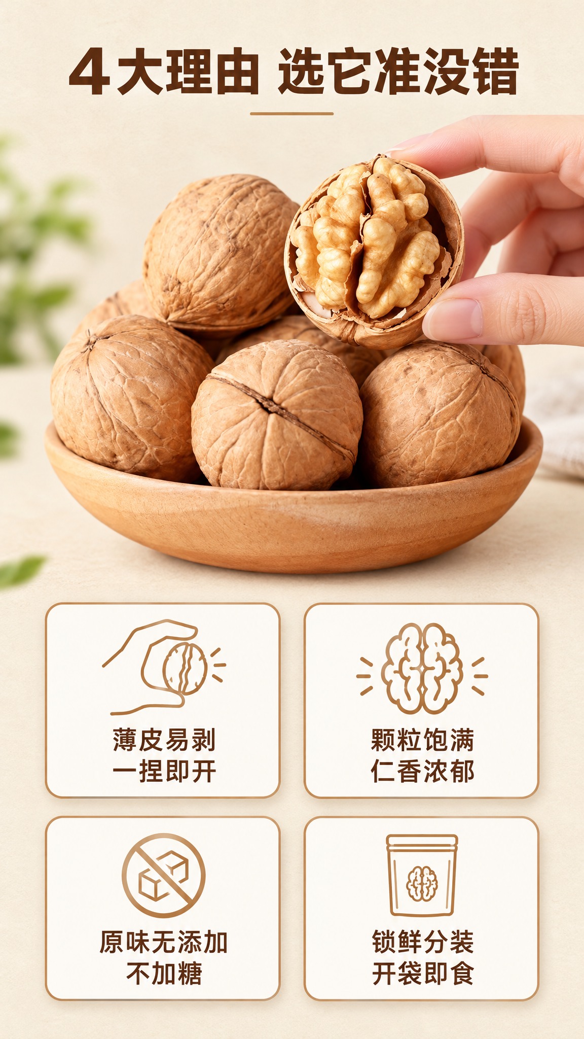 参考图中的薄皮核桃为主角，生成淘宝天猫商品详情页卖点罗列页，9… - 图片创意预览