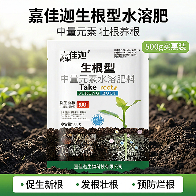 [垫图]https://gdesign-dam-hz.dancf.com/35973660895202418/4ca397c4add9469ab48c6d24a45f059d.jpg
[主图主题]嘉佳迦生根水溶肥料首图
[氛围/风格]农业农资专业风格，自然清新户外田园氛围
[画面元素]产品包装袋居中展示，背景为肥沃黑土地中长出嫩绿幼苗，带着清晰根系结构，自然阳光漫射，质感细腻，背景铺满全屏无边框，产品主体占比60%，完整突出
[配色色系]主色调：自然绿色、土壤深褐色；辅助色：产品包装白色，品牌黑色文字
[视角构图]平视，景深适中，主体居中稳定构图
[文字版式]顶部主标题“嘉佳迦 生根型水溶肥”，字体为加粗无衬线黑体黑色，副标题“中量元素 壮根养根”小一号灰色字体，右上角浅绿色圆角标签“500g实惠装”，底部三列卖点：“促生新根 | 发根壮根 | 预防烂根”，字体白色，整体布局平衡，文字不遮挡产品主体，符合国内电商规范
