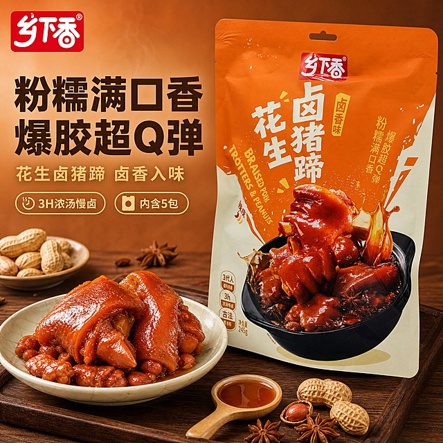 [主图-1] 首图/点击率：用卤猪蹄的胶质食欲感与口感记忆争取点击，传达“粉糯满口香 爆胶超Q弹”。
[统一基调] 整体风格=中式醇厚卤味商业摄影，暖橙琥珀卤香调性；背景主色=暖橙棕；标题字色=深卤棕（浅底）/奶白（深底）；辅助字色=蟏金；强调色=酱红；字体样式=现代粗黑无衬线体标题＋中等字重无衬线体说明，主标题最大最粗，辅助文案字号缩小50%以上；卡片/图标=圆角米白信息卡＋细金引线＋小图标，不用厚重色块与通栏边框；光影=右上暖柔主光＋左侧柔光板补光，卤汁与胶质高光挂亮。
[画面] 使用【图1】乡下香花生卤猪蹄包装正面清晰图与【图2】装盘成品图。橙色包装袋居中偏右斜立，左侧留出干净的文字负空间；前景在白瓷盘与深色木托盘上摆放酱红油亮、胶质莹透的卤猪蹄，旁边点缀带壳花生、八角与一小勺琥珀色卤汁；包装主体占画面约65%，包装与成品互不遮挡，透视、接触阴影与桌面反射自然无悬浮。严格保持橙色袋身、红色“乡下香”Logo、“花生卤猪蹄”与“BRAISED PIG TROTTERS WITH PEANUTS”产品名、碗装猪蹄图案、“卤香味”与“净含量245克”文字与输入图一致，不重绘变形、不替换包装文字、不出现水印。
[光影质感] 商业美食摄影质感，暖光打出卤汁与胶质的油亮反光，猪蹄有真实接触影，花生颗粒质感清晰。
[配色] 沿用套系暖橙棕背景＋酱红与蟏金强调色，环境色只作陪衬，不使用冷蓝冷灰。
[文字版式] 左上安全区放置与包装同款的“乡下香”品牌标识，不变形；左中区域主标题“粉糯满口香 爆胶超Q弹”（深卤棕粗黑字，最大），下方副标题“花生卤猪蹄 卤香入味”（蟏金字，字号缩小50%以上），再下方两枚胶囊标签“3H浓汤慢卤”“内含5包”；全部横向排版，不遮挡包装产品名与净含量。
[输出要求] 1:1方形，2K，中文文字清晰无错字，产品完整不切割；负向提示：变形、拉长压扁、包装文字错乱、错字、模糊、悬浮、硬切边、原白底残留、多余手指、畸形手、背景杂乱、水印、平台Logo、二维码、条形码、绝对化用语。