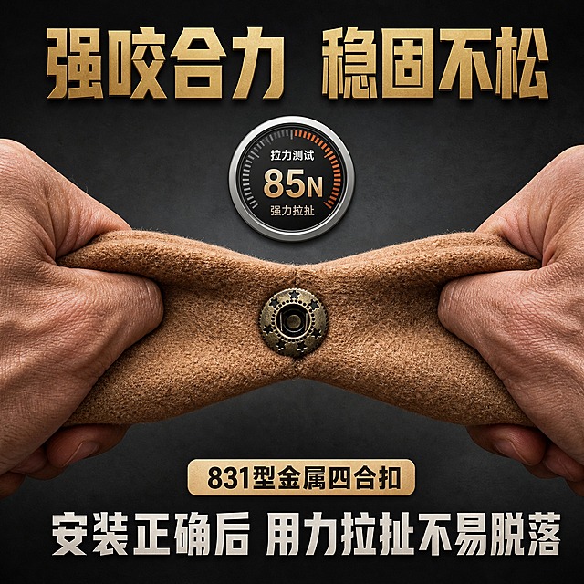 [主图-23] 831型金属四合扣 咬合力度展示图。
[统一基调] 淘宝五金配件风格 深灰背景 主标题金色粗黑体 辅助说明浅灰细黑体 整体力量感。
[画面] 画面中心展示扣合在一起的四合扣 两片布料向两边拉扯 展示扣合紧密不脱落 左右两只手分别拉住两边布料 用力拉扯 上方测力计小图标显示拉力值 下方文字说明 咬合紧密 用力拉扯不脱落 顶部标题 强咬合力 稳固不松。
[光影质感] 影棚硬光 力量感强 布料被拉扯的张力真实 金属扣受力状态自然 手部肌肉紧绷。
[配色] 背景深灰色 主标题金色 产品古铜色+棕色布料 对比强烈。
[文字版式] 顶部金色大标题 强咬合力 稳固不松 底部说明文字 安装正确后 用力拉扯不易脱落 字体统一粗黑体 有力。
[输出要求] 1:1正方形 2048x2048 效果真实有张力 文字清晰 负向 变形 错字 模糊 手指畸形 穿模