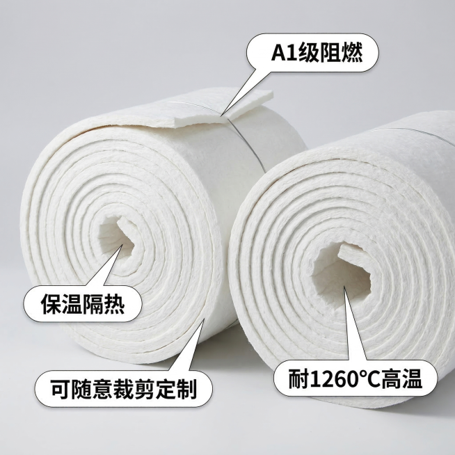 淘宝主图，硅酸铝针刺毯核心卖点展示，展示产品本身，用引线标注四个卖点：A1级阻燃、保温隔热、可随意裁剪定制、耐1260℃高温，背景干净，风格专业清晰，突出卖点信息预览效果