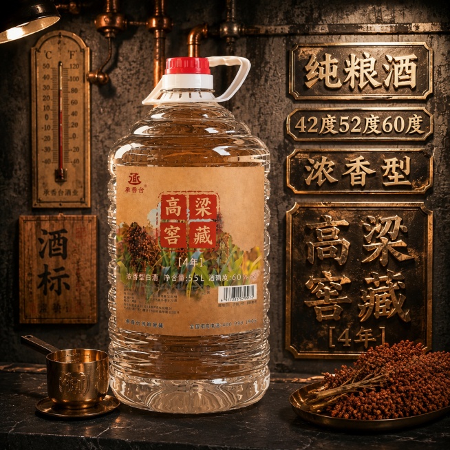 商业级产品摄影。主体：桶装白酒严格参照上传产品图，完整保留所有细节与文字信息。产品占画面65%，近景构图，视觉中心。卖点文字"纯粮酒"、"42度52度60度"、"浓香型"、"高粱窖藏"需以浮雕金属铭牌预览效果
