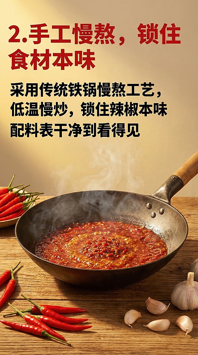 复古铁锅，锅内有熬制中的用户提供的远嫂原味辣椒酱，冒着轻微热气，旁边摆新鲜辣椒和蒜瓣，暖黄色灯光，营造慢熬氛围感，背景简洁。文案排版：顶部左对齐"2. 手工慢熬，锁住食材本味"加粗，红色，字体较大；下方左对齐分两行"采用传统铁锅慢熬工艺，低温慢炒，锁住辣椒本味""配料表干净到看得见"字体加粗，黑色，字体略小。字体大小：标题>正文，排版紧凑不冗余