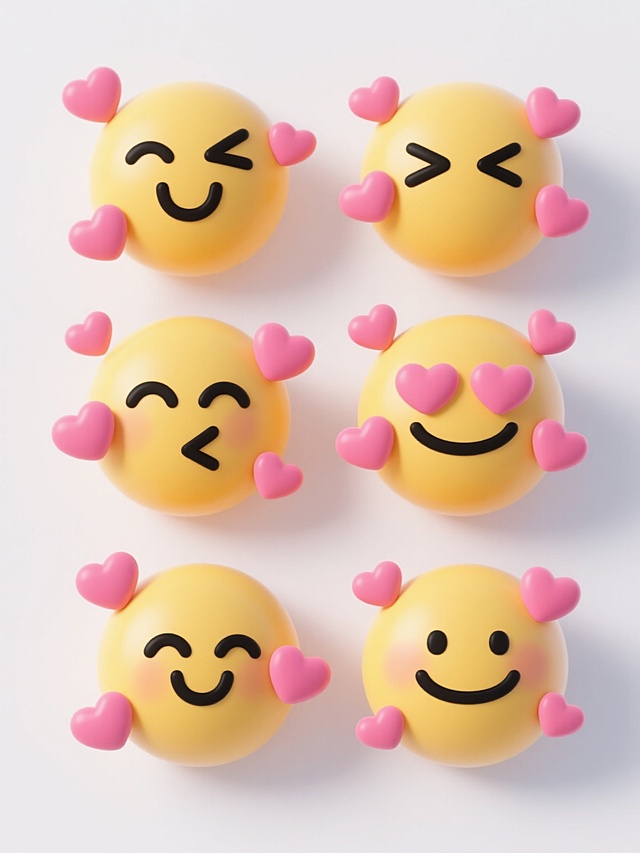白色背景上，六个造型完全不同但元素内容相同的3D卡通表情系列素材集合规整排布，每个表情都是圆形黄色脸蛋，带有黑色“<”和“>”形状的眯眼，微笑的黑色弯嘴，以及周围分布的粉色爱心元素，保持圆润光滑的3D质感，统一的卡通风格，光影柔和，每个表情通过爱心数量、位置、大小或表情细节（如嘴型弧度微调）形成完全不同的造型，整体色彩变换多样，系列感强，设计感十足。