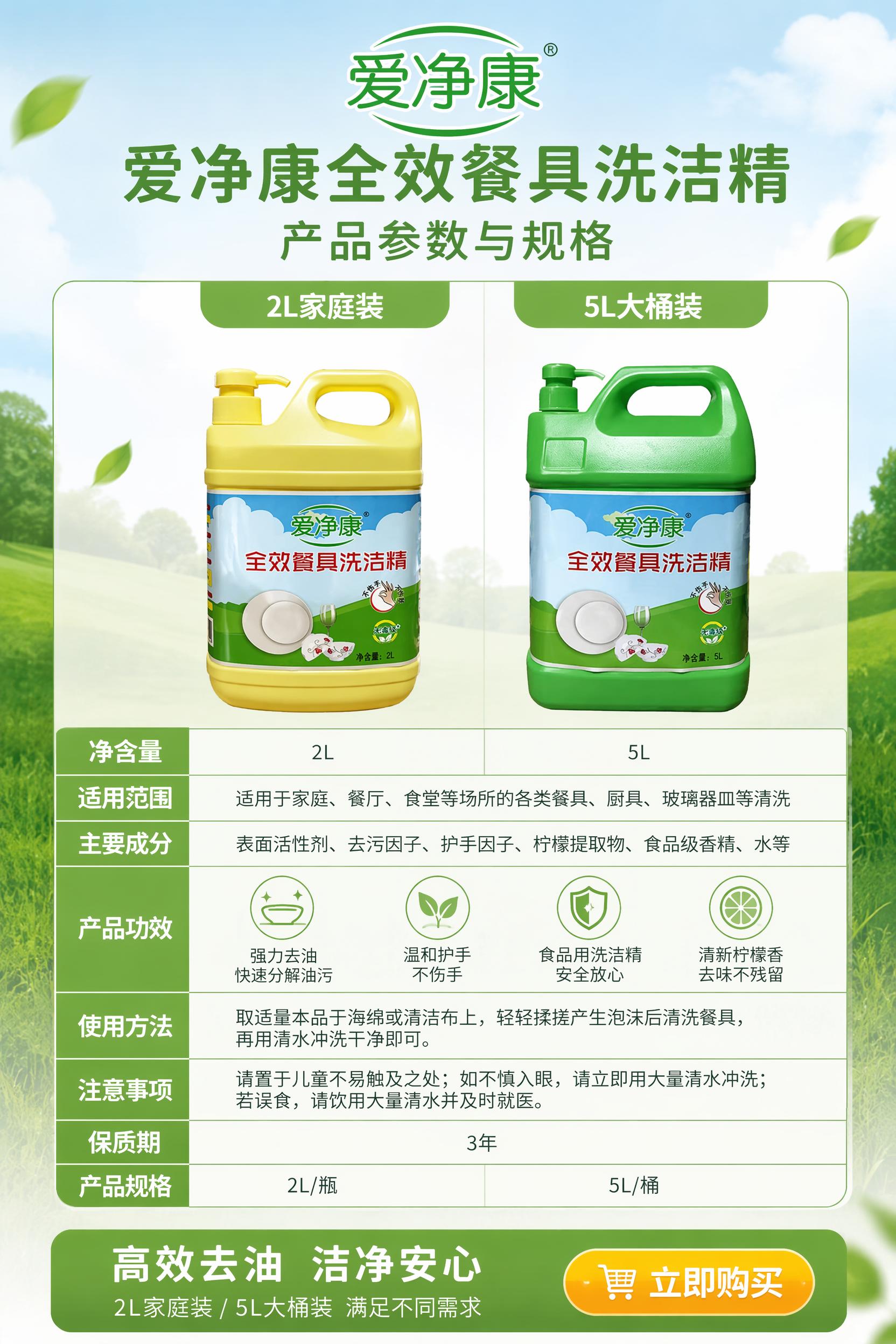 电商详情页第5张，产品参数与规格展示，爱净康全效餐具洗洁精，2… - 图片创意预览