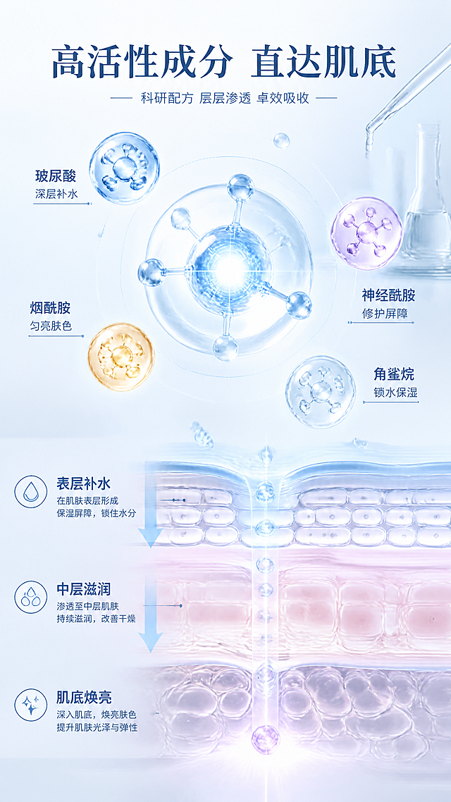 [第3张] 成分与科技机理页-活性成分渗透原理可视化。本张为成分机理专页，不强制垫产品外观图，以成分分子和机理示意为主。
[氛围/风格] 科研实验室风，高级专业，通透干净，3D分子视觉效果。
[元素布局] 画面中央为大型3D透明水分子/精华分子结构，占画面约40%，分子周围环绕多个活性成分小球（透明质酸、烟酰胺、神经酰胺等）；下半部分为肌肤横截面示意图，展示成分从表层渗透到肌底的路径；右上角点缀实验室玻璃器皿、滴管元素；整体画面以分子结构和渗透机理为视觉主体，元素大且突出。
[光影质感] 冷调柔光，分子结构自带内部发光效果，通透有质感，光影层次丰富，科研感强。
[配色色系] 全局底色 #F0F7FF 浅蓝白；主色透明蓝+白色分子；辅助色浅紫、浅金点缀。
[视角构图] 中心放射式构图，阅读动线从上（成分分子）→ 下（肌肤渗透）。
[文字版式] 顶部大标题「高活性成分 直达肌底」；分子周围标注3-4个核心成分名称及功效：「玻尿酸 深层补水」「烟酰胺 匀亮肤色」「神经酰胺 修护屏障」；底部肌肤渗透图标注「表层补水」「中层滋润」「肌底焕亮」三层；文字排版专业清晰，字号适中。
[比例分辨率] 9:16竖版比例，4K分辨率，文字清晰可辨，高清画质。
[负向提示词] 产品图，包装图，文字错乱，文字过小，水印，医疗功效承诺，虚假宣传，优惠信息。