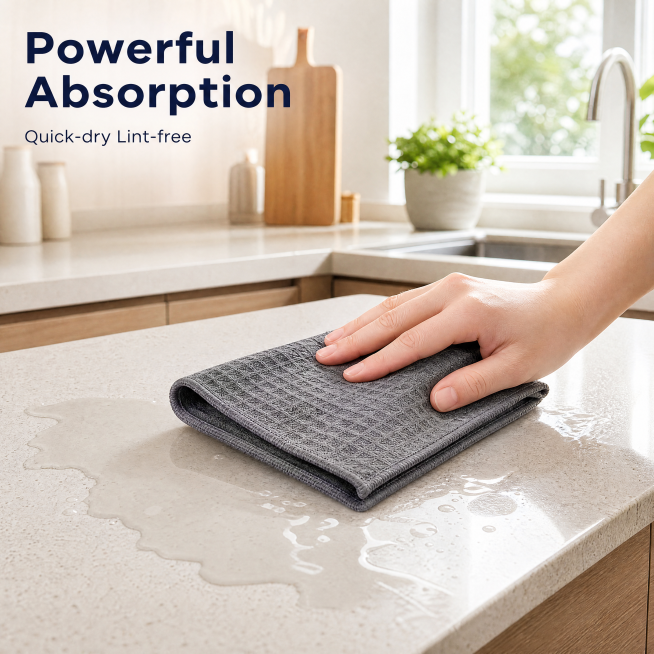 [Main Figure 2 - Kitchen Counter Cleaning Scene] Gray waffle cleaning cloth is wiping the kitchen co预览效果