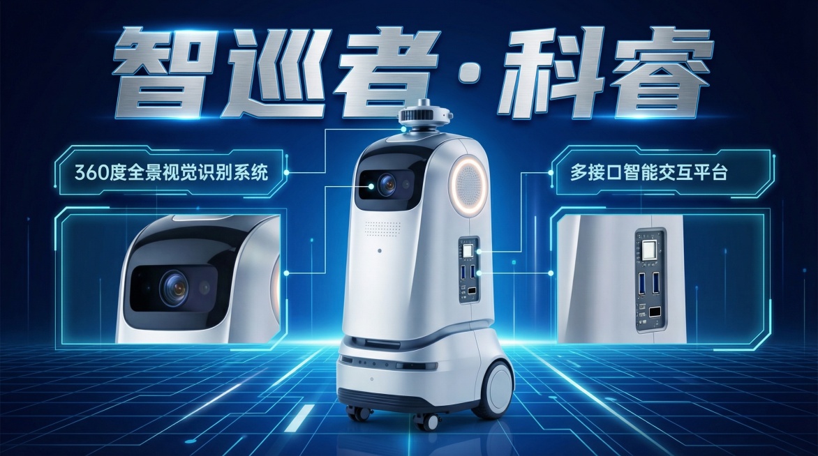帮我生成人工智能机器人的宣传海报，要求： 海报中应包含产品概念图； 海报应包含产品名称：智巡者·科睿； 海报中展示产品的2个核心功能或优势；预览效果