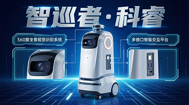 帮我生成人工智能机器人的宣传海报，要求： 海报中应包含产品概念图； 海报应包含产品名称：智巡者·科睿； 海报中展示产品的2个核心功能或优势；