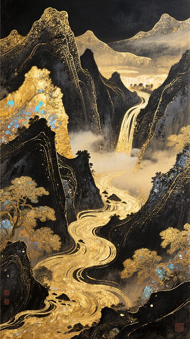国风抽象鎏金流动山水背景，以黑金色为主色调