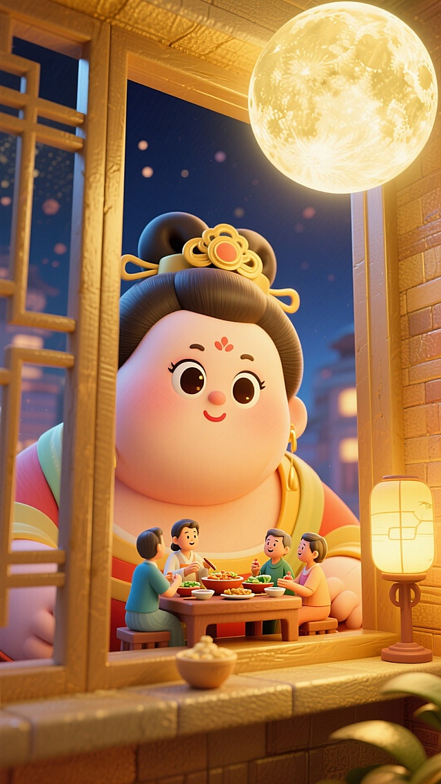 画面呈现金色调：巨人版胖嫦娥（看起来可爱又漂亮，大眼睛）趴在窗户外，看窗户里微缩的一家人吃团圆饭。非常规的创意构图，中秋节庆的氛围，顶部硕大的月亮，