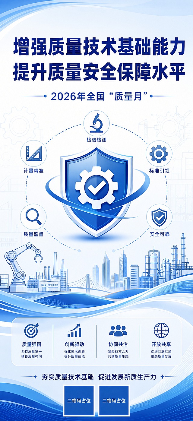 政务宣传展板设计，竖版长幅，蓝白主色调，简约现代风格，正式稳重。画面顶部醒目大字主标题："增强质量技术基础能力 提升质量安全保障水平"，深蓝色粗体字，居中排列，可分两行排布。画面中上部副标题："2026年全国"质量月""，字号稍小，蓝色字体，居中。画面底部点缀标语："夯实质量技术基础 促进发展新质生产力"，小号字体，居中。背景为抽象工业线条、质检相关图标（如齿轮、盾牌、标尺、显微镜等），低透明度浅蓝色，不遮挡文字，作为底纹装饰。整体蓝白渐变背景，层次分明，适合单位大厅展示，高清印刷品质，版式精美，大气庄重。画面中所有数字必须精确渲染，不得错位、遗漏或编造。画面中所有信息区域必须填充完整合理的内容，不得出现空白框、空白占位、横线待填写区域。画面中所有二维码区域使用纯色方块占位符呈现，方块中央标注"二维码占位"文字，严禁生成任何可识别的二维码图案。