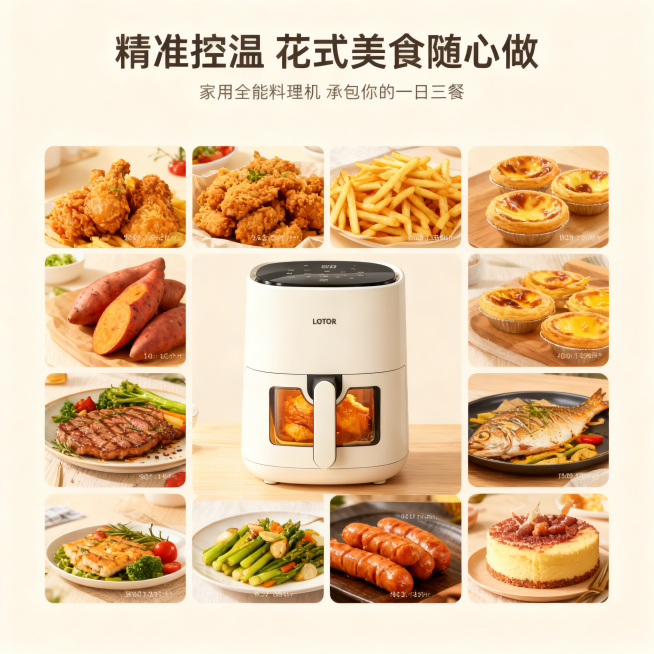 1:1竖版电商多食材适配卖点主图，8K超高清，写实美食摄影，和首图保持统一的日系治愈暖调自然光风格，严格还原奶白色LOTOR小浣熊可视空气炸锅的包装设计、颜色、LOGO位置、文字内容、图案元素等所有细预览效果